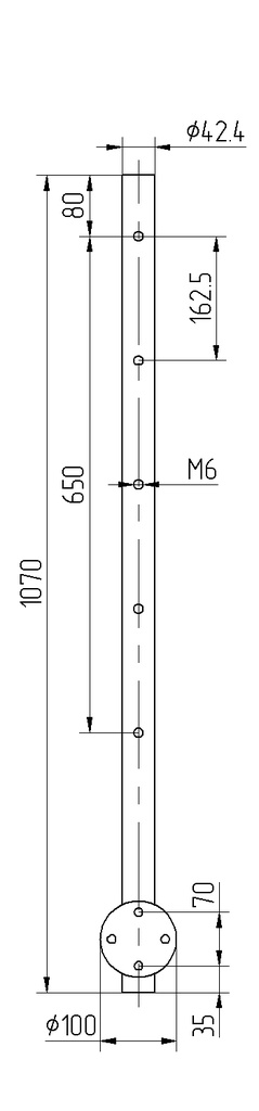 Pfosten Edelstahl ø42,4/2,0 x1070mm seitl. Montage mit Endkappe unten, 5xM6 für Traversenhalter