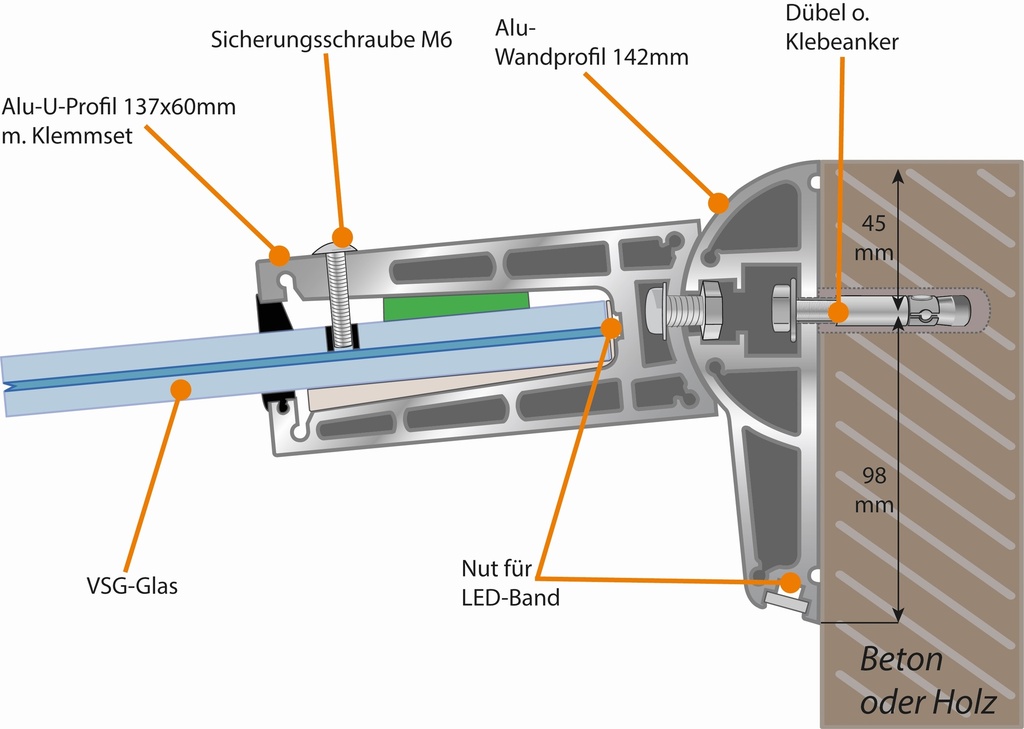 Freitragendes Glasvordach Set Mariza inkl. VSG/Glas 1800mm x 1200mm