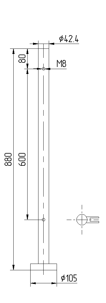 Pfosten Edelstahl ø42,4/2,0 x 880mm Bodenmontage mit Rosette, 2xM8 für Glashalter einseitig (Endpfosten)