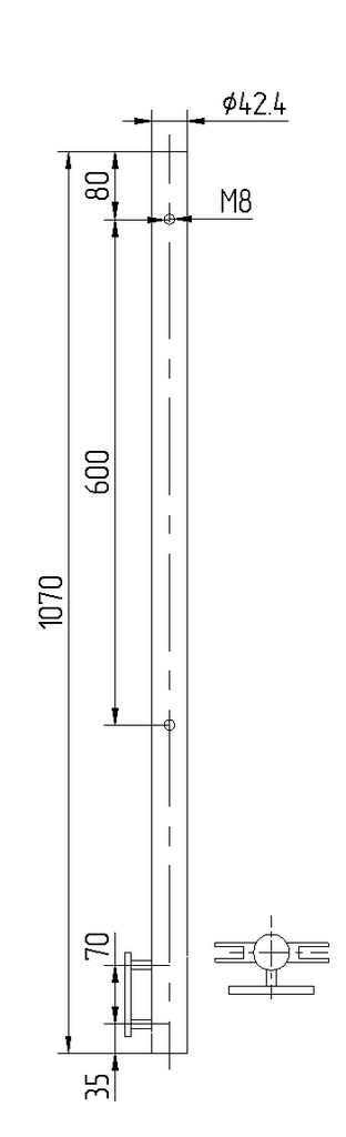Pfosten Edelstahl ø42,4/2,0 x1070mm seitl. Montage mit Endkappe unten, 4xM8 für Glashalter zweiseitig (Mittelpfosten)
