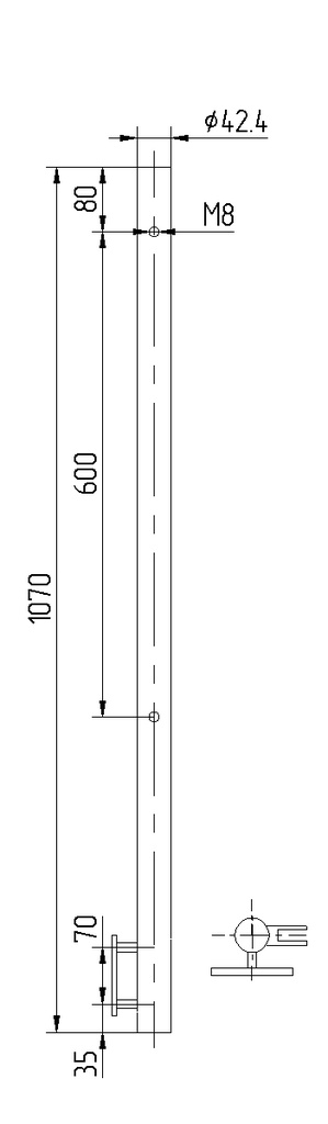 Pfosten Edelstahl ø42,4/2,0 x1070mm seitl. Montage mit Endkappe unten, 2xM8 für Glashalter rechts (Endpfosten)