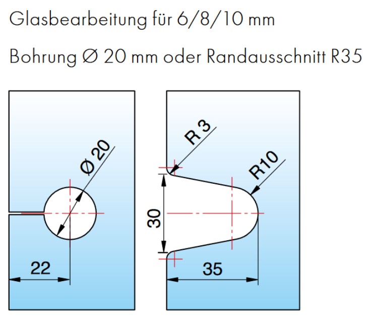 Winkelverbinder Glas-Wand 90° / Wandbefestigung mit Langlochverstellung, mit verdeckte Verschraubung, mit Abdeckplatte Edelstahloptik für Glasstärke 6/8/10mm