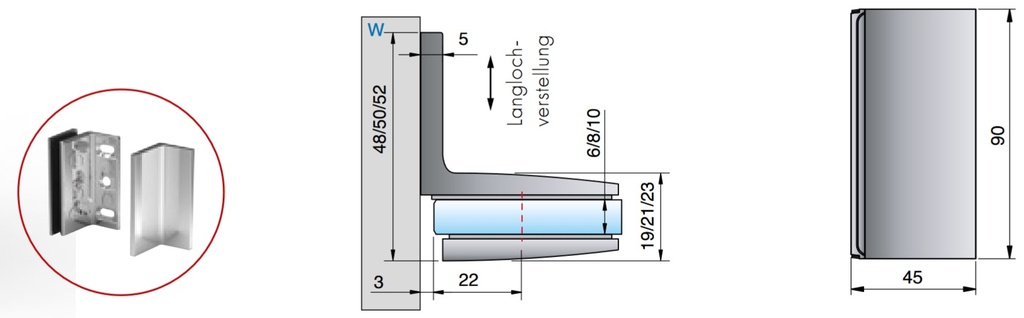 Winkelverbinder Glas-Wand 90° / Wandbefestigung mit Langlochverstellung, mit verdeckte Verschraubung, mit Abdeckplatte Edelstahloptik für Glasstärke 6/8/10mm