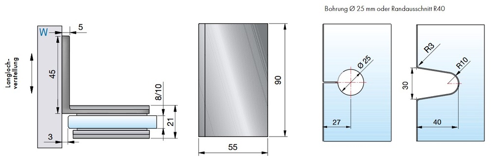 Winkelverbinder Pontere Glas Wand 90° starr Langlochverstellung
Glanzverchromt für Glasstärke 8/10mm Tragfähigkeit bei 2 Bänder 50kg