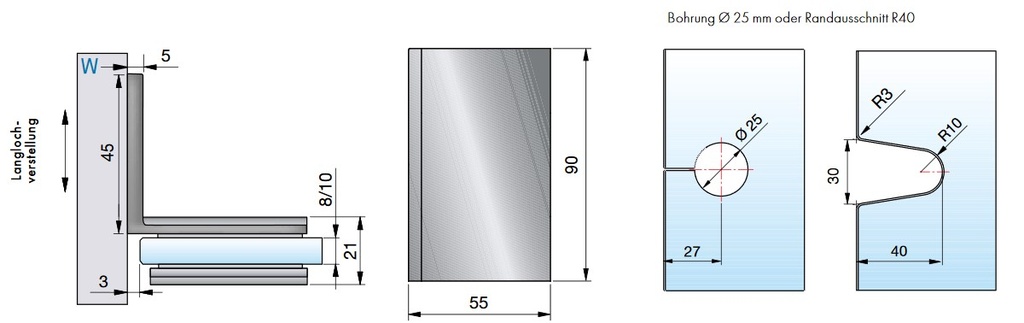 Winkelverbinder Pontere Glas Wand 90° starr Langlochverstellung
mattverchromt für Glasstärke 8/10mm Tragfähigkeit bei 2 Bänder 50kg