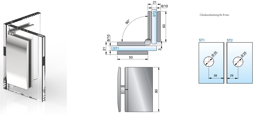 Winkelverbinder Pontere Glas-Glas 90° / Winkelgradzahl stufenlos von 80°-180° verstellbar mattverchromt für Glasstärke 8/10mm Tragfähigkeit bei 2 Bänder 50kg