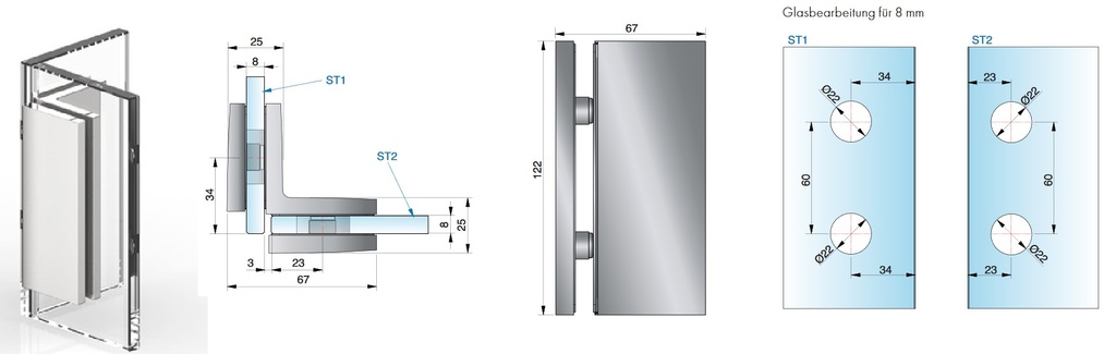 Winkelverbinder TURA Glas-Glas 90° mattverchromt
Glasstärke 8/10/12mm Tragfähigkeit bei 2 Bänder max. 70kg