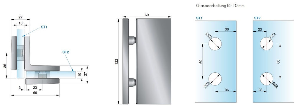 Winkelverbinder TURA Glas-Glas 90° mattverchromt
Glasstärke 8/10/12mm Tragfähigkeit bei 2 Bänder max. 70kg