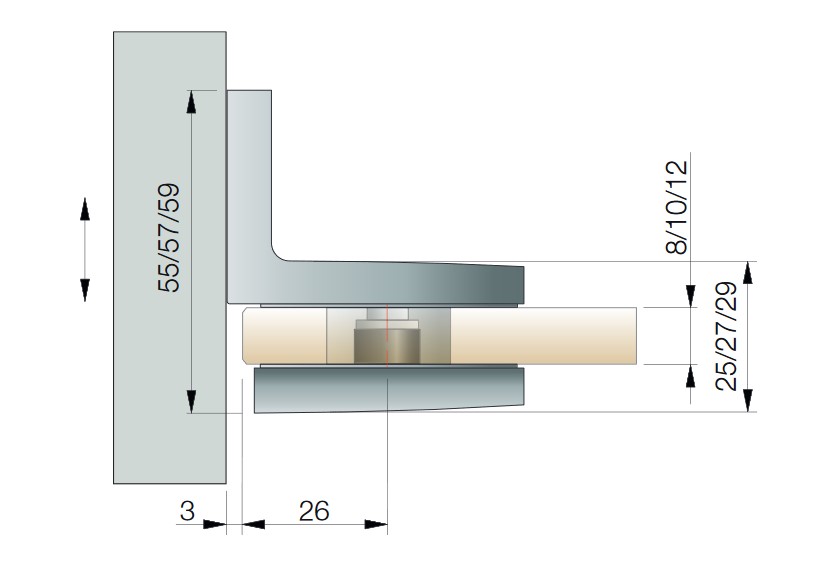 Winkelverbinder TURA Glas-Wand 90° Edelstahloptik
Verdeckte Verschraubungen, Wandbefestigung mit Langlochverstellung
Glasstärke 8/10/12mm Tragfähigkeit bei 2 Bänder max. 70kg