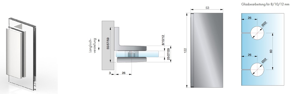 Winkelverbinder TURA Glas-Wand 90° mattverchromt
Verdeckte Verschraubungen, Wandbefestigung mit Langlochverstellung
Glasstärke 8/10/12mm Tragfähigkeit bei 2 Bänder max. 70kg