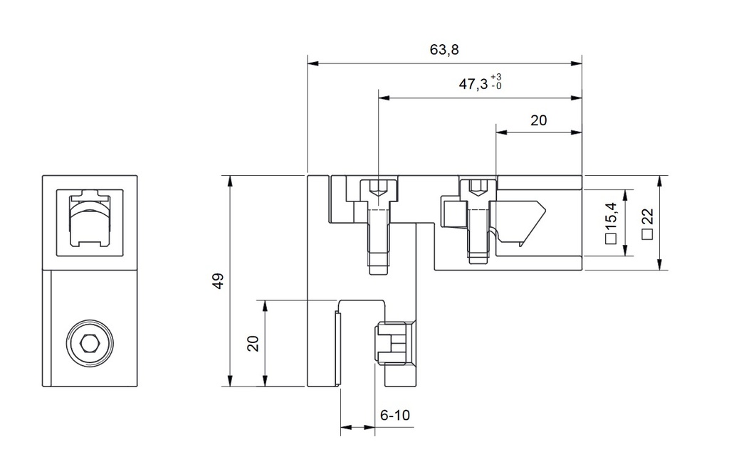 Glasanschluss für Stabilisationsstange Eckig +/- 90° verstellbar
mattverchromt Glastärke 6mm bis 10mm