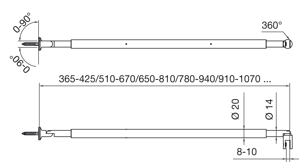 Stabilisationstange Rund Glas – Wand mattverchromt von 970-1130mm verstellbar Glasstärke 6mm bis 10mm