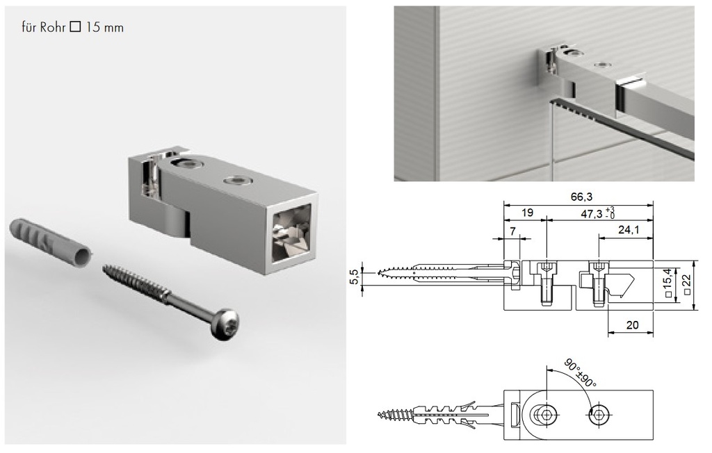 Wandanschluss für Stabilisationsstange Eckig +/- 90° verstellbar Edelstahleffekt