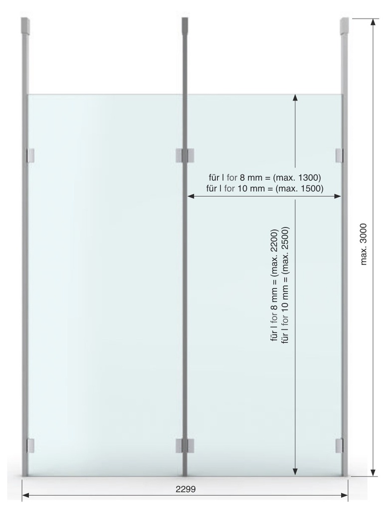 Raumteiler glanzverchromt für Praxis/Hotel/Restaurant, inkl. 8mm ESG Glas und Montage-Zubehör